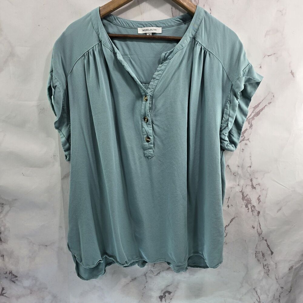 Rose And Olive Top Womens 1X Blue Blouse Button Henley Notch V Short Sleeve Cap